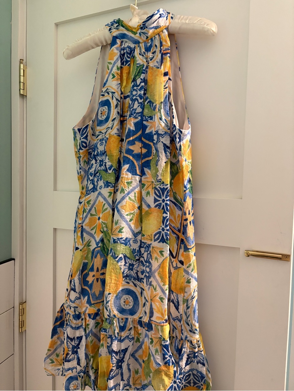 Sleeveless Halter Mini Dress in Blue, Yellow & Green